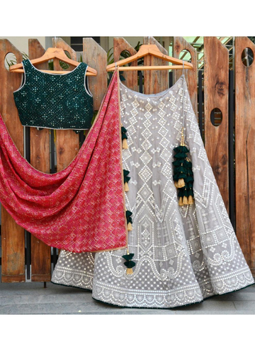 Amazing Party Wear Foil Mirror Grey Georgette Lehenga Choli